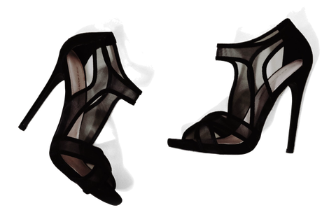 Black suede and mesh stiletto sandals.