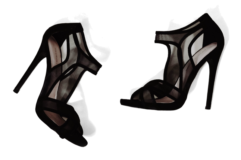 Black suede and mesh stiletto sandals.