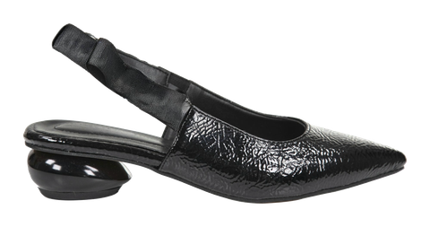 A black crinkle-patent slingback.