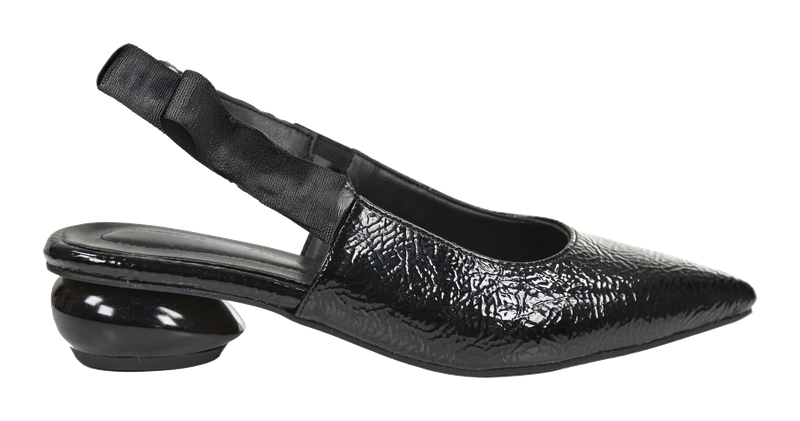 A black crinkle-patent slingback.
