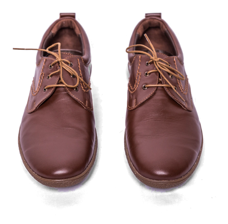 Brown leather derby shoes.