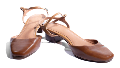 Tan square-toe slingbacks.