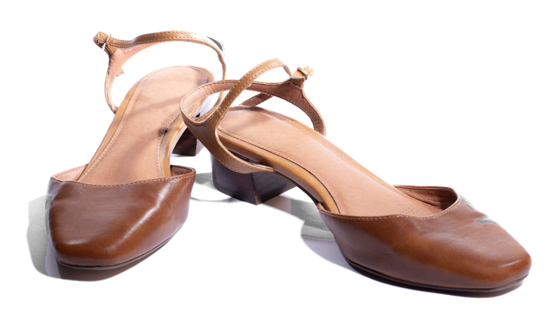 Tan square-toe slingbacks.