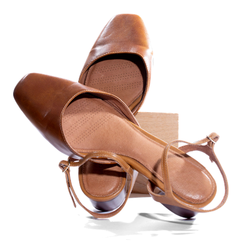 Tan strappy block heels.