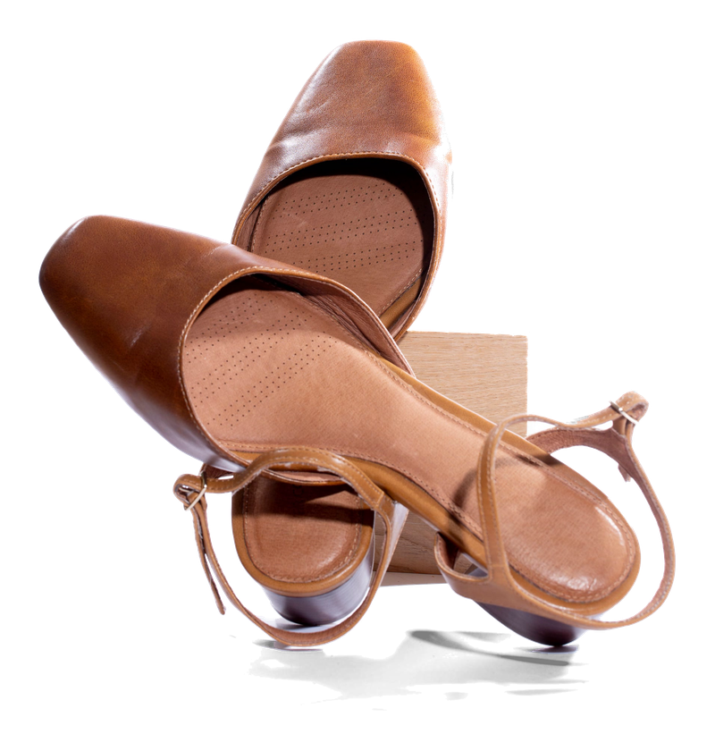 Tan strappy block heels.