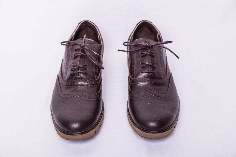 Dark brown brogues on white.