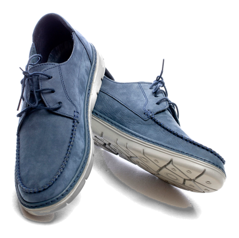 Blue suede moccasin-toe lace-ups.